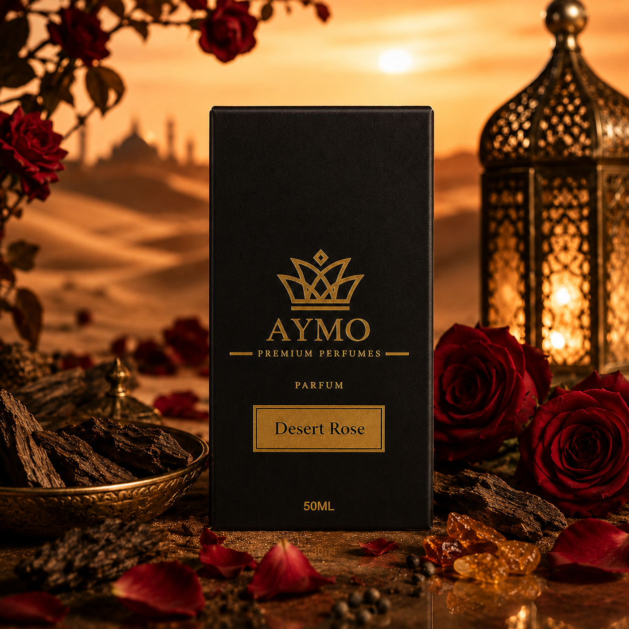 A black rectangular perfume box with gold lettering reading 'AYMO Premium Perfumes' and 'Desert Rose' stands on a decorative surface. The scene is styled with red roses, rose petals, a lit lantern, dried herbs, and a warm desert sunset background.