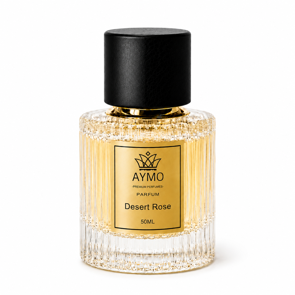 A 50ml bottle of Aymo Desert Rose Parfum, featuring a ribbed clear glass bottle filled with golden liquid, a gold label, and a matte black cap, set against a plain white background.