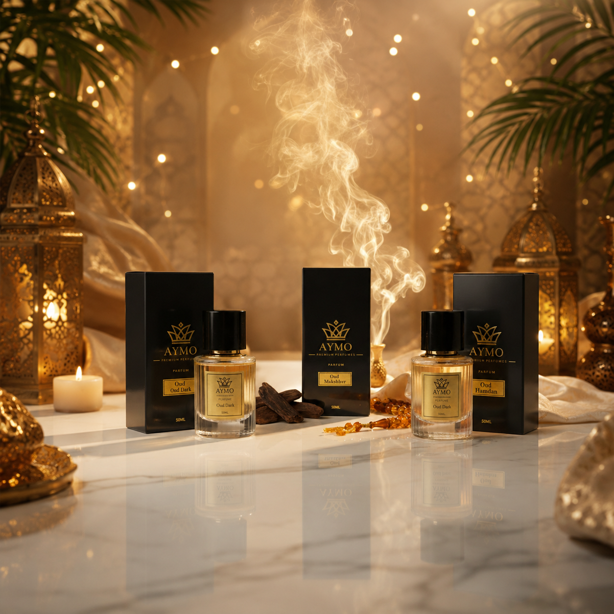 Aymo perfume bottles and boxes on a reflective surface with decorative background